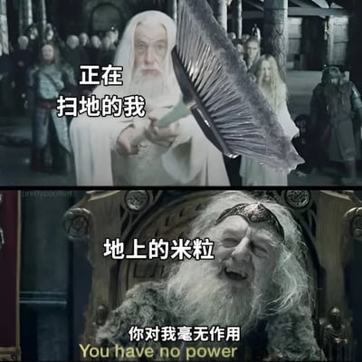 这是一张改编自《指环王》电影场景的搞笑对比梗图。上图中甘道夫手持扫帚，配文“正在扫地的我”；下图中萨鲁曼大笑，配文“地上的米粒”和“你对我毫无作用”，并保留了原版电影台词“You have no power”。通过将史诗电影场景与日常家务困境相结合，创造出幽默效果，调侃了扫地时难以清理米粒的常见生活体验。