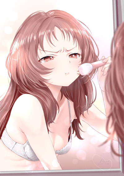 这是一幅日系风格的原创插画，画面里一位棕长发的少女穿着白色蕾丝内衣，正对着镜子用化妆刷在脸颊上扫动，眉头紧紧皱起，眼神认真又带着点小严肃，背景是暖色调的光斑，氛围温馨又可爱，仿佛在很用力地完成化妆这件事。