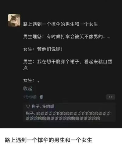 这是一张社交媒体截图，展示了一段关于性别刻板印象的幽默对话。内容描述路上遇到一个撑伞的男生和女生，男生抱怨打伞会被笑不像男人，甚至开玩笑说想穿裙子让打伞显得更自然，女生只用一个句号回应，形成了有趣的反差效果。截图下方有用户"狗子,多肉喵"的评论，内容全是连续的"哈哈哈哈"，表达了对这段对话的爆笑反应。