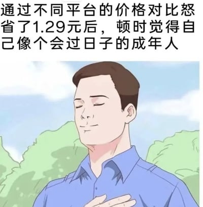 这是一张调侃当代人消费习惯的网络梗图，图片上方配有核心文字“通过不同平台的价格对比怒省了1.29元后，顿时觉得自己像个会过日子的成年人”，图片下半部分是一位身着蓝色衬衫的卡通男性，他闭着双眼，将手放在胸口，一脸满足惬意的神态。内容精准戳中了很多人“几千块的大额消费品说买就买毫不犹豫，几块钱的小额商品却要在多个平台反复比价，仅仅省了一块多就获得极强的成就感”的消费错位现状，很容易引发大众共鸣。