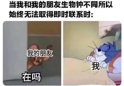 这是一张左右对比的双格梗图，通过《猫和老鼠》的经典角色幽默展现朋友间因生物钟不同导致无法即时联系的场景。左图中杰瑞从洞口探出头，配文“我的朋友”和“在吗”，模拟朋友主动联系的状态；右图中汤姆躺在床上，面露困倦，配文“我”，表现自己因作息不同而无法及时回应的状态。上方文字“当我和我的朋友生物钟不同所以始终无法取得即时联系时:”点明主题，整体风格轻松诙谐，精准戳中现代人因作息差异产生的社交痛点，引发共鸣。