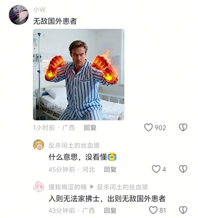 这是一张社交媒体平台的动态截图，用户「小W」发布了一张由豆包AI生成的图片，图中穿着蓝白条纹病号服的外国患者身处病房中，双手燃起火焰，摆出战斗姿势，配文「无敌国外患者」。评论区有用户表示没看懂，另一位用户回复《生于忧患，死于安乐》中的原文「入则无法家拂士，出则无敌国外患者」，揭晓了玩梗的核心。

谐音梗说明：原文中「敌国」指实力相当的国家，这里被字面解读为「病房里的外国患者」，结合图中患者燃着火焰的「无敌」姿态，形成文言文字面化的反差搞笑效果，用AI生成的画面强化了这个梗的趣味性。