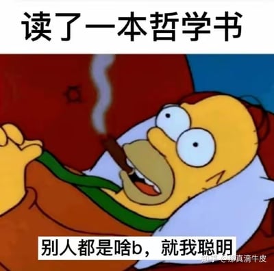 这张梗图改编自《辛普森一家》的经典场景，霍默·辛普森一脸自得地躺在沙发上，叼着雪茄，神情慵懒而自信。配文“读了一本哲学书”加下方的“别人都是啥b，就我聪明”，明显是在讽刺有些人初学哲学等高深学科后，自以为比身边人更高级、更聪明，表现出莫名的优越感和自大心理。这里的“啥b”是一种谐音，用以表达调侃和轻蔑，属于网络流行用语。

**暗示与双关说明**：有自我优越感的调侃，涉及轻微贬义用词“啥b”做谐音，表达对自以为是的人的讽刺。