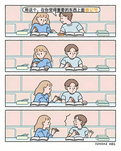四格连环漫画描绘了校园里的温馨日常：第一格中，穿蓝色衣服的女孩手持橙色马克笔，对旁边穿浅蓝色衣服的男孩说“用这个，在你觉得重要的东西上面做记号”；第二格两人各自低头在书本上专注做标记；第三格女孩转头发现男孩正用马克笔在自己的手背上做记号，露出疑惑表情；第四格男孩抬头看向女孩，脸上带着腼腆的笑容，女孩也无奈又好笑地看着他。整体风格可爱治愈，通过小小的误会展现了同学间的轻松互动。