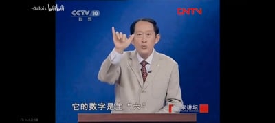 这是CCTV10科教频道《百家讲坛》的节目截图，学者王立群身着浅色西装，对着镜头做出表示数字“六”的手势，配文“它的数字是主‘六’”，正在讲解相关文化内容，画面正式，手势成为视觉亮点。
