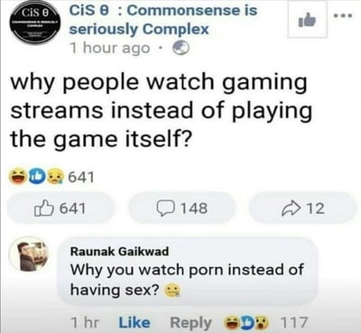 该图片为社交媒体帖子截图，发布者为“CIS θ : Commonsense is seriously Complex”，内容是提问“why people watch gaming streams instead of playing the game itself?”（为什么人们看游戏直播而不自己玩游戏？）。帖子发布于1小时前，获得641个点赞、148条评论和12次分享。下方有用户Raunak Gaikwad的评论：“Why you watch porn instead of having sex? 😏”（你为什么看色情片而不自己做爱呢？😏），该评论获得了117个点赞。评论通过幽默类比的方式回应了原问题，形成搞笑效果。