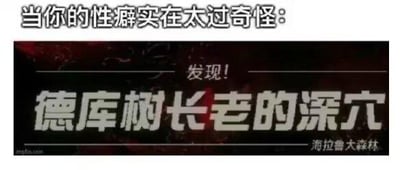 这是一张玩家自制的玩梗P图，上方配有文字“当你的性癖实在太过奇怪：”，下方模仿《塞尔达传说》系列游戏的探索发现提示界面，展示“发现！德库树长老的深穴 海拉鲁大森林”的文字内容。
图中利用“德库树长老的深穴”这一游戏地点名称制造低俗双关暗示，将游戏元素与调侃特殊性癖的内容结合，通过反差感和文字梗制造搞笑效果，属于针对游戏内容的恶搞创作。