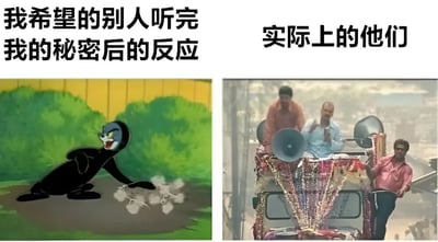 该图为左右对比梗图，左侧标题为“我希望的别人听完我的秘密后的反应”，画面是动画角色黑猫Sylvester（出自《兔八哥》）震惊地吐出羽毛，身体夸张后倾，表现出听到秘密后极度惊讶且会保守秘密的理想状态；右侧标题为“实际上的他们”，画面是三名男性站在装饰华丽的车辆上，手持喇叭和乐器，疑似在公开场合大肆宣扬，形成理想与现实的幽默反差，讽刺了秘密被轻易传播的社交现象。
