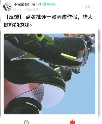 这是一张游戏社区的用户发帖截图，发帖用户ID为“不完整客户端”，等级Lv.3，IP属地江苏，发布时间为05-03。帖子以【反馈】为前缀，标题为“点名批评一款弄虚作假，垫大欺客的游戏~”，配图是某款游戏中女性角色的下半身局部特写，能看到角色臀部位置有类似“垫物”的明显分层设计。玩家使用谐音梗“垫大欺客”（谐音“店大欺客”），吐槽游戏角色的身材建模存在虚假设计，实际建模的身材观感是通过类似“垫”的方式实现，与宣传或玩家预期不符，以此表达对游戏制作方的不满情绪。