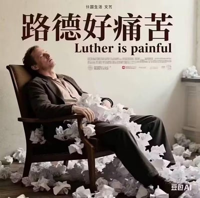 图中呈现一位疲惫不堪的男士瘫坐在深色扶手椅上，他仰头皱眉，面露痛苦神情，身上及周围地面堆满了揉成团的废纸，仿佛被海量的工作、创作任务压垮，身心俱疲。画面上方配有醒目的文字“外国生活 文艺”“路德好痛苦”及英文“Luther is painful”，精准传递出人物被压力裹挟的崩溃与无奈，极易引发被工作、创作瓶颈困扰的人群共鸣。