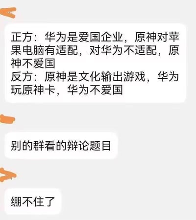 一张展示关于华为和原神爱国争议的辩论截图，上方为正方观点“华为是爱国企业，原神对苹果电脑有适配，对华为不适配，原神不爱国”，中间为反方观点“原神是文化输出游戏，华为玩原神卡，华为不爱国”，下方配有“别的群看的辩论题目”和“绷不住了”的评论。图片通过幽默方式呈现了网络上关于企业和游戏产品的非理性爱国争议。