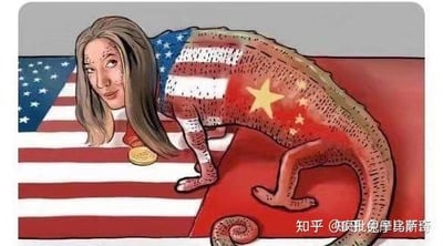 这是一张合成的卡通风格单图，将女性头部与变色龙身体结合，变色龙身体前半部分为美国国旗图案，后半部分为中国国旗图案，一只爪边有一枚金币，背景是美国国旗与红色区域的拼接。图中用变色龙善于变色的特性，隐喻在中美之间切换立场、谋取利益的对象，带有讽刺意味。