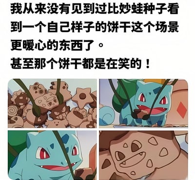 图片上方配有文字："我从来没有见到过比妙蛙种子看到一个自己样子的饼干这个场景更暖心的东西了。甚至那个饼干都是在笑的！"。下方是四格拼接的动画截图，展示了宝可梦角色妙蛙种子发现形状像自己的饼干时的暖心场景。左上格是各种形状的饼干，其中有一个明显是妙蛙种子的形状；右上格是妙蛙种子正开心地看着饼干；左下格是妙蛙种子开心表情的特写；右下格是妙蛙种子形状饼干的特写，可以看到饼干上有微笑的表情。