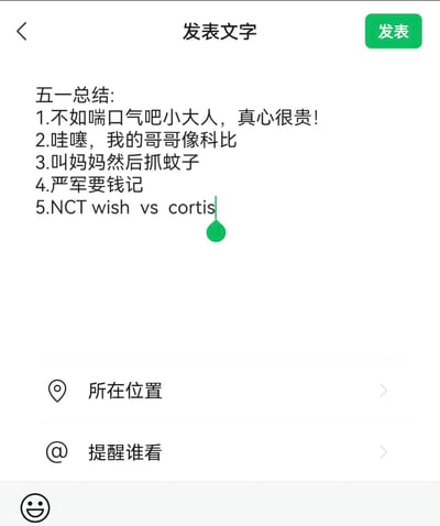 这是一张微信朋友圈发表文字功能的编辑页面截图，页面顶部左侧为返回箭头，中间是“发表文字”标题，右侧是绿色的“发表”按钮；编辑输入框内列有5条用户撰写的五一假期总结内容，分别为：1.不如喘口气吧小大人，真心很贵！2.哇噻，我的哥哥像科比 3.叫妈妈然后抓蚊子 4.严军要钱记 5.NCT wish vs cortis，输入框下方依次是所在位置、提醒谁看的功能选项，最底部是表情入口按钮。