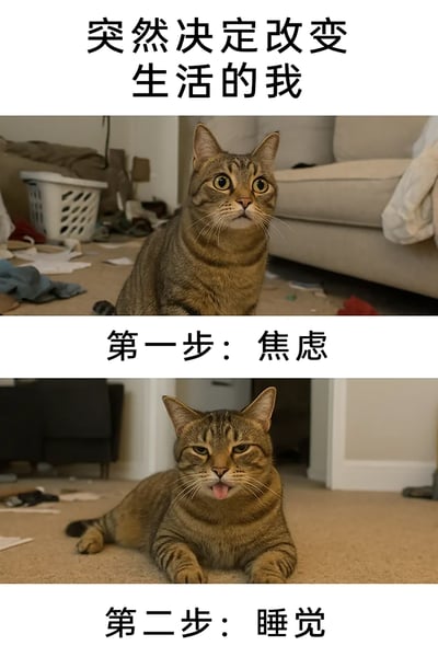 这是一张由两张狸花猫图片拼接而成的连环梗图，通过猫咪的神态和配文，精准调侃了当代人想要做出生活改变时的真实心理变化：上方图片配文“突然决定改变生活的我”，图中狸花猫瞪大双眼、神态惊恐，背景是杂乱的房间，表现出想要改变生活时的无措与迷茫；下方分两步展示，第一步配文“焦虑”，对应猫咪焦虑的状态，第二步配文“睡觉”，对应猫咪瘫在地上吐舌头摆烂的样子，生动还原了很多人想要改变却先陷入焦虑，最后直接摆烂逃避的真实状态，极易引发共鸣。