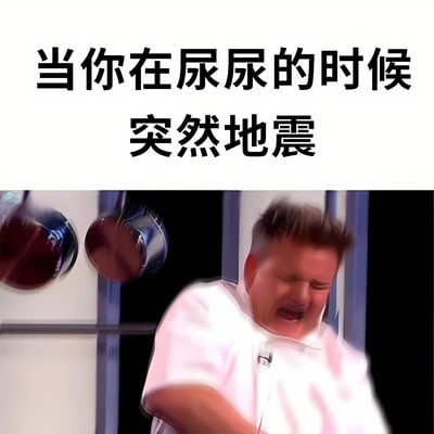 这张梗图上方配有文字“当你在尿尿的时候突然地震”，下方是一个男人在厨房中因突然震动而身体失控、表情惊恐的画面。通过夸张的表情和动作，幽默地表现了人们在如厕时遇到突发状况的尴尬与慌乱。