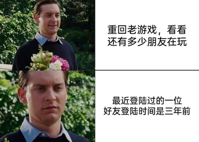 这是一张上下拼接的对比式表情包，采用了托比·马奎尔版《蜘蛛侠》电影中的两个经典表情画面。上半部分的人物面带笑容，搭配文字“重回老游戏，看看还有多少朋友在玩”，精准还原了老玩家时隔许久回归曾经热爱的游戏时，期待与旧友重逢的兴奋心情；下半部分的人物表情瞬间转为失落严肃，配文“最近登陆过的一位好友登陆时间是三年前”，则展现了玩家发现昔日一同游玩的好友早已全部弃坑，游戏社群不复往日热闹的怅然与失落，戳中了众多老玩家对游戏岁月流逝、好友离散的怀旧感伤情绪。