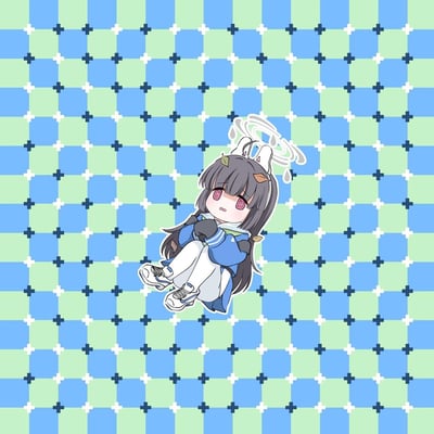 这是一张Q版风格的ACGN同人创作图，主体是二次元手游《蔚蓝档案》中的角色霞泽美游。图中的她呈现出明显的眩晕状态：双眼变成螺旋状，头顶的光环旋转着还挂着汗珠，双手抱膝缩成一团，神态虚弱又懵圈，仿佛刚经历了天旋地转的状况。背景是蓝绿相间的十字格纹图案，整体画风软萌可爱，非常适合用来表达头晕、不知所措、懵圈的情绪。