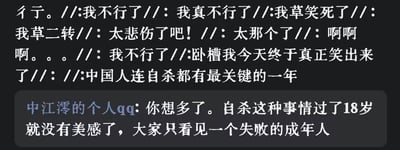 图片为纯文字内容，上方是大量情绪宣泄的短句，包括“我不行了”“我草笑死了”“太悲伤了吧”等，表达崩溃、搞笑、悲伤等复杂情绪。下方以“中江澪的个人qq”标识引出争议性言论“中国人连自杀都有最关键的一年”。整体文字密集排列，无明显双关或谐音梗，以直白的情绪表达和争议性观点构成内容。