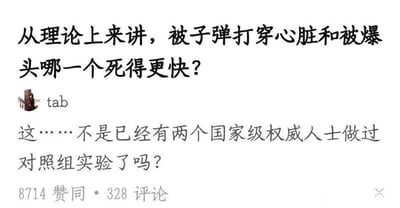 这是一张社交媒体问答内容的静态截图，呈现了趣味提问与调侃式回答的互动场景。上方是提问者提出的假设性问题：“从理论上来讲，被子弹打穿心脏和被爆头哪一个死得更快？”；下方是用户名为tab的用户给出的带有调侃意味的评论：“这……不是已经有两个国家级权威人士做过对照组实验了吗？”，该评论获得了8714个赞同和328条评论。从医学专业角度回答该问题：被子弹爆头通常会更快导致死亡，因为大脑是人体的神经中枢，头部遭受致命枪击会瞬间破坏大脑关键功能区域，直接导致意识丧失和生命体征快速消失；而心脏被打穿后，虽会引发大出血和循环衰竭，但可能存在短暂的生命维持时间，具体情况也会受子弹威力、命中精准度等因素影响。