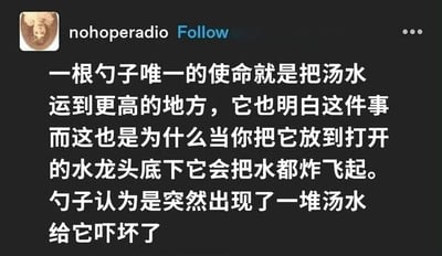 这是一张社交媒体帖子截图，显示账号“nohoperadio”发布的一段幽默文字。内容以拟人化的视角描述勺子，称其唯一使命是把汤水运到更高的地方，因此当被放到打开的水龙头下时，会“把水都炸飞起”，因为勺子以为突然出现了一堆汤水而被吓坏了。整体风格轻松搞笑，充满脑洞。