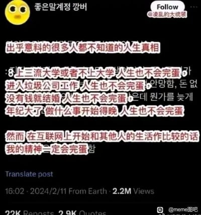 这是一张海外社交平台的截图，整体为黑底白字搭配粉色标注的图文混排样式。左上角有一个黄色的惊讶表情，旁边配有韩文“좋은말계정 깡버”，右上角有“Follow @凌乱的大统领”的关注提示。主内容以粉色框突出显示，先提出“出乎意料的很多人都不知道的人生真相”，接着列举了四种大众眼中的“人生困境”：上三流大学或不上大学、进入差公司工作、没钱就结婚、年纪大才开始做事，指出这些情况都不会毁掉人生；随后笔锋一转，点明在互联网上和他人的生活作比较，会让自己的精神崩溃。截图底部显示发布时间为2024年2月11日16:02，标注“From Earth”，该内容获得了220万浏览量、2.2万转发和2.9万引用，右下角带有“@meme图吧”的水印，表明该内容在中文网络的传播来源。