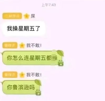 这是一段竖屏的微信聊天记录截图，对话内容玩了经典名著《鲁滨逊漂流记》的梗：有用户发言“我操星期五了”，另一用户回复“我不敢！”，绿色对话框的用户先是疑惑对方“怎么连星期五都[操]”，随即反应过来玩梗询问“你鲁滨逊吗”，将吐槽周五工作日的烦躁情绪与文学梗结合，通过反差感制造搞笑效果，精准戳中打工人对周五的复杂情绪，同时用名著梗增加趣味。