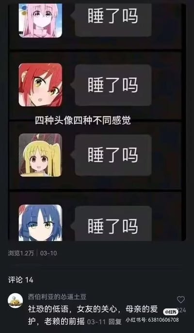 图片为小红书平台的社交媒体截图，采用多图拼接形式展示了四个不同动漫风格头像的聊天界面。每个头像右侧均配有相同文本“睡了吗”，中间以“四种头像四种不同感觉”作为分隔说明。底部显示浏览量1.2万（03-10）、评论14条，其中高赞评论将四个头像的“睡了吗”分别解读为“社恐的低语，女友的关心，母亲的爱护，老赖的前摇”，通过不同动漫角色的表情差异制造语气反差的幽默效果。