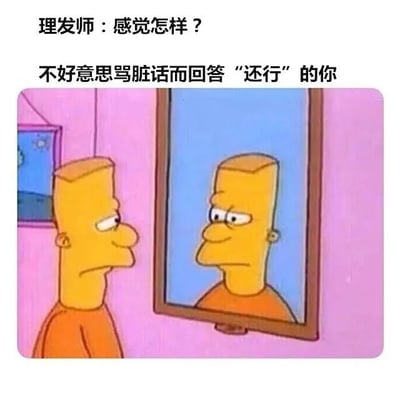 图片中是动画《辛普森一家》的角色荷马·辛普森，他身处粉色房间内，正对着镜子查看自己的发型。荷马表情不悦，眉头微皱，眼神中透露出对新发型的不满。图片上方配有文字“理发师：感觉怎样？”，下方文字则为“不好意思骂脏话而回答‘还行’的你”。该图通过荷马的无奈表情与文字结合，幽默地描绘了人们在理发后对不满意的发型碍于情面只能违心称赞“还行”的常见社交尴尬场景。