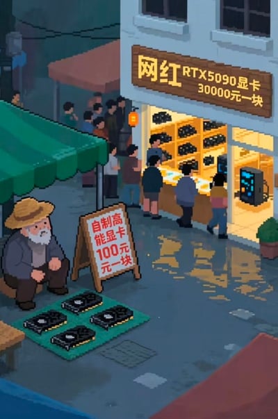 像素风格描绘的街头场景，右侧是一家名为"网红RTX5090显卡"的店铺，招牌显示售价30000元一块，店门口聚集着许多顾客。左侧则是一位戴着草帽、留着白胡子的老人摆着小摊，招牌写着"自制高能显卡 100元一块"，摊位上放着几块显卡，却无人问津。画面通过夸张的价格对比（30000元 vs 100元）和顾客数量差异，幽默地讽刺了消费主义和网红产品溢价现象。
