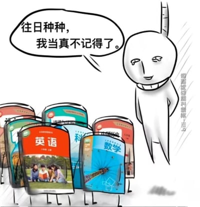 图中右侧是一个头部圆形、带有长条形耳朵的卡通简笔画小人，面带微笑，右手置于身后，其左侧的 speech bubble 中写着“往日种种，我当真不记得了。”。小人前方站立着多本拟人化的中小学课本，包括橙色封面的《英语》、蓝色封面的《数学》等，这些课本底部被画上了小短腿，呈现出直立状态。画面采用黑白线条手绘风格，课本部分为真实教材封面照片拼贴，形成卡通与现实的有趣对比。右侧边缘有垂直排列的“bilibili-英雄志陆陆续续”水印文字。整体通过拟人化课本与小人的对话，幽默表达了面对学习内容时“忘记过去”的调侃情绪，无谐音或双关设计。