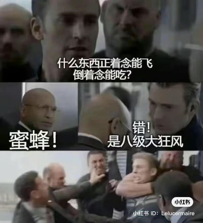 这是一张由漫威电影截图二次创作的连环梗图，分为三个部分：
1. 开篇提出趣味谜语：「什么东西正着念能飞，倒着念能吃？」
2. 中间部分，一个角色给出常规正确答案「蜜蜂！」（蜜蜂能飞，倒过来是蜂蜜能吃），另一个角色却抬杠式反驳「错！是八级大狂风」
3. 结尾部分，画面变成角色们扭打在一起的混乱场景，用夸张的冲突表现对无厘头抬杠的不满，制造搞笑效果。
其中的谐音梗：「蜜蜂」倒读为「蜂蜜」，完全符合谜语要求；而「八级大狂风」是强行抬杠的错误答案，倒读并不对应可食用的事物，这种反差感是笑点来源。
