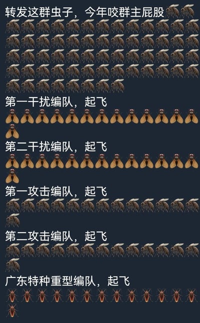 这是一张幽默搞笑的中文梗图，以军事编队的形式展示不同种类的昆虫。图片上方有文字"转发这群虫子，今年咬群主屁股"，带有玩笑性质的转发诱导。下方展示了五组不同的昆虫编队，每组都有相应的军事风格命名："第一干扰编队"、"第二干扰编队"、"第一攻击编队"、"第二攻击编队"和"广东特种重型编队"，每组名称下方都有对应的昆虫排列。其中"广东特种重型编队"使用了体型较大的蟑螂图像，可能在调侃广东地区常见的大蟑螂。整体风格轻松诙谐，结合了军事术语与日常生活中令人讨厌的昆虫，形成反差萌的幽默效果。