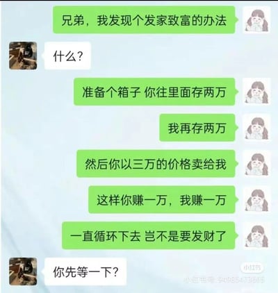 这是一张微信风格的聊天记录静态截图，对话中绿色气泡的用户向对方提出一个看似能发家致富的脑洞方法：两人各往箱子里存入两万，随后对方以三万的价格将箱子卖给自己，声称这样双方各赚一万，还能循环操作实现致富，白色气泡的用户对此提出质疑。该方法存在明显逻辑漏洞，实际上绿色气泡用户在交易后会产生亏损，是一个用来制造搞笑效果的不符合实际的趣味脑洞内容。