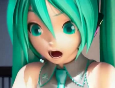 这是一张3D渲染的虚拟歌手初音未来的特写截图，画面聚焦于初音的上半身与脸部，她有着标志性的青绿色双马尾长发，身着带有同色系领结的经典服饰。初音未来双眼圆睁、嘴巴张开，面部呈现出十分惊讶的神情，光线在她的脸部和肩部形成自然的明暗效果，3D建模细节清晰，这个生动的惊讶表情常被用作表达震惊、意外情绪的表情包素材，在社交场景中传递强烈的意外感。