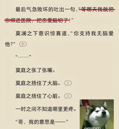 图片为图文混排形式，上方是一段网络文学风格的对话文本，下方右侧配有一张哈士奇表情包。文本中，某人气急败坏地说要把对方绑进医院“切恋爱脑”，而莫澜之却误以为是支持自己“无脑爱”，引发莫庭之一系列无奈反应——张张嘴、捂大脑、捂心脏，最后困惑“不知哪里更疼”。右下角的哈士奇表情包则以抬头“emmm”的困惑表情，呼应了莫庭之的迷茫情绪，形成搞笑效果。