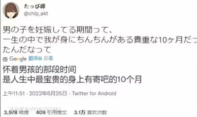 这是一张2022年6月25日发布的Twitter推文截图，推主@chip_akt用日文调侃“怀着男孩的那段时间，是人生中自己身上有小弟弟的宝贵10个月”，谷歌翻译将日文中指代男性生殖器的“ちんちん”错误翻译成了无意义的“寄吧”，形成了荒诞搞笑的翻译梗。这条推文获得了3978次转推、409次引用推文和3.1万次点赞，在社交平台上引发了搞笑的互动。截图中还显示了推主的卡通女性头像、发布时间和发布设备信息。