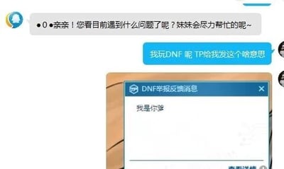 这是一张玩家与DNF游戏官方客服的聊天记录截图，画面上方客服以亲昵的语气询问玩家遇到的问题，玩家回复表示自己在游玩《地下城与勇士》（DNF）时，游戏的TP安全防护系统弹出了一条标题为“DNF举报反馈消息”、内容为辱骂性话语“我是你爹”的弹窗，并附上了该弹窗的截图，向客服反馈这一异常且荒诞的情况，该弹窗内容明显不符合正常系统消息的规范，大概率是系统出现故障或者被恶意篡改导致的。