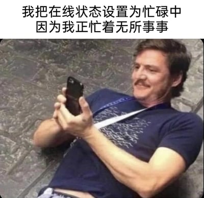 这是一张带有搞笑反差感的梗图，上方配有文字“我把在线状态设置为忙碌中 因为我正忙着无所事事”，图中主体是智利裔美国演员佩德罗·帕斯卡，他躺在石质地面上，双手举着手机，面带笑意，神态十分放松悠闲。图片通过文字和画面的结合，用“忙碌状态”和“无所事事”的反差，精准调侃了当代人在工作或社交中，设置忙碌在线状态来躲避外界打扰，实则在摸鱼、享受闲暇躺平的状态，充满幽默与共鸣，很容易引发网友的共情。