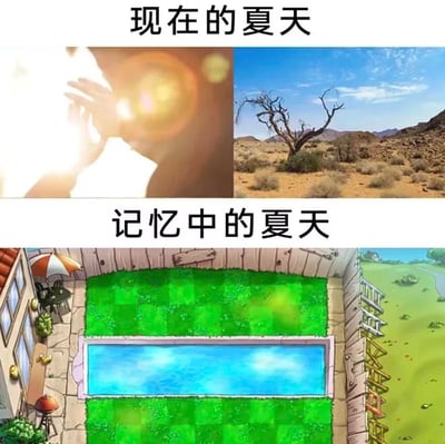 图片通过上下对比的方式呈现“现在的夏天”与“记忆中的夏天”的巨大反差。上方“现在的夏天”包含两张图：左侧是强光照射下人物用手遮挡阳光的剪影，阳光刺眼到出现光晕效果；右侧是沙漠景观，枯树矗立在干旱的土地上，背景是裸露的山脉，凸显炎热干燥。下方“记忆中的夏天”则是一幅卡通风格的惬意场景：宽敞的后院里有蓝色游泳池，周围是翠绿草坪，左侧有带遮阳伞的餐桌和BBQ烤架，右侧能看到河流和绿地，充满清凉舒适的氛围。整体用夸张对比吐槽现代夏天的酷热难耐与记忆中夏天的美好凉爽。