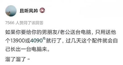 这是一张社交媒体问答平台的回答截图，答主「且听风吟」的回答获得7566人赞同，内容玩数码圈的幽默梗：调侃给男友或老公送电脑，只需送英特尔i9-13900系列高端CPU或者NVIDIA RTX 4090高端显卡即可，因为对于硬件爱好者而言，这两款配件是高端电脑的核心，拿到后会主动配齐其余配件组装出完整电脑，最后答主还以「溜了溜了~」的俏皮话语收尾。
**梗解析**：13900是英特尔旗舰级处理器，4090是英伟达旗舰级显卡，均为硬件发烧友的“刚需”高端配件，段子精准戳中男性硬件爱好者会为核心配件配齐整机的消费习惯。