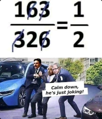 这是一张合成搞笑梗图，上半部分是一个荒谬的数学约分：将分数163/326的分子和分母中的数字6、3划掉，得到1/2，这种约分方法完全不符合数学规则，只是巧合得到了正确结果；下半部分是经典梗图，阿尔伯特·爱因斯坦被两人架住，看起来情绪激动、抓狂，旁边有人举着牌子写着“Calm down, he's just joking!”（冷静点，他只是在开玩笑！），用爱因斯坦的抓狂表现来调侃这种荒谬数学操作的离谱程度，整体风格搞笑，用夸张的情绪放大了错误数学方法的荒谬感。