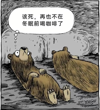 洞穴场景中，两只棕熊正准备冬眠。左侧的熊仰卧在地，双眼圆睁，前爪抱胸，头顶的思想泡泡写着“该死，再也不在冬眠前喝咖啡了”，表情充满懊悔与清醒；右侧的熊则侧卧沉睡，形成鲜明对比。通过将人类因咖啡因失眠的日常体验嫁接到熊的冬眠习性上，制造出幽默效果。