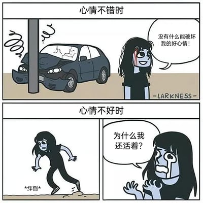 这是一幅由上下两部分组成的对比类连环漫画，展现了同一个黑衣女孩在不同心情状态下面对事件的极端心态反差。上半部分“心情不错时”，女孩头部受伤，身后的汽车撞到柱子严重损毁，但她却满脸笑容，自信地表示“没有什么能破坏我的好心情！”，完全不受糟糕事件的影响；下半部分“心情不好时”，女孩只是走路时被绊倒，就陷入极度崩溃的情绪，发出“为什么我还活着？”的绝望质问，精准还原了人在不同情绪状态下对事件的截然不同的反应，用夸张的手法调侃了情绪对人心态的巨大影响。
