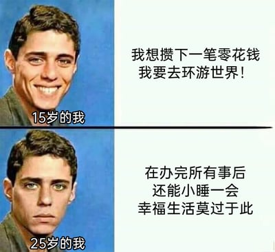 这是一张上下分栏的对比梗图，上方呈现标注为“15岁的我”的人物形象，人物面带灿烂笑容，配文表达了年少时期怀揣攒钱环游世界的远大憧憬；下方是标注为“25岁的我”的同一人物，表情平淡，配文展现了步入社会后，心态发生巨大转变，对幸福的定义简化为办完所有事务后能小睡一会的朴实愿望。图片通过同一人物的表情变化与文字内容的强烈反差，生动刻画了当代年轻人在成长过程中，被现实生活打磨后，对幸福的认知从热血憧憬转向务实平淡的普遍心态，极易引发同龄人的情感共鸣。