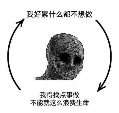 这是一张广为流传的情绪内耗循环梗图，通过“我好累什么都不想做”和“我得找点事做，不能就这么浪费生命”两个矛盾心声，展现了现代人常见的心理挣扎，深受年轻人共鸣。梗图整体以抽象头像和箭头形成循环，直观表现出“精神内耗不断循环”的无力感和自责。

本图并没有双关、谐音或暗示性内容，主要表达焦虑和自我否定。
