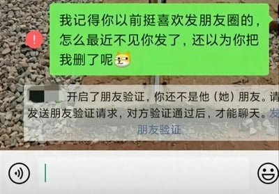 这张图片展示了一个幽默的微信聊天场景。上方是一条绿色的消息气泡，内容为："我记得你以前挺喜欢发朋友圈的，怎么最近不见你发了，还以为你把我删了呢🐶"，旁边有一个红色的感叹号图标。下方则是微信的系统提示："开启了朋友验证，你还不是他（她）朋友。请发送朋友验证请求，对方验证通过后，才能聊天。" 背景是碎石地面。图片通过前后对比制造了戏剧性的幽默效果，提问者担心对方删除自己，结果发现自己真的被删除了。
