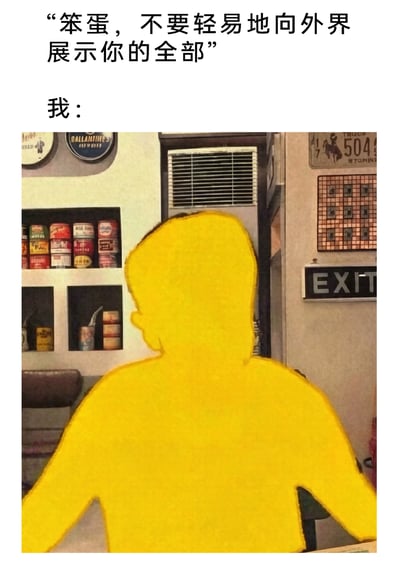这是一张图文结合的搞笑梗图，上方给出一句生活中的常见忠告：“笨蛋，不要轻易地向外界展示你的全部”，下方则用一张经过修改的照片作为回应——照片里的人物背影被纯黄色完全涂抹覆盖，将“不展示自己”的建议执行到了极端，通过这种夸张的反差感制造出幽默效果，调侃了过度听从建议、走向极端的行为，也表达了一种对社交中自我暴露的戏谑态度。
