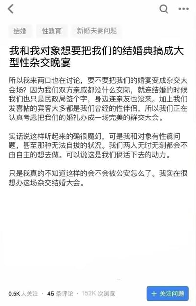 这是一张竖屏的问答平台截图，内容为一名用户的匿名提问：提问者称自己与伴侣存在严重且无法自拔的性瘾，两人结婚仅在民政局领证无亲友参与，社交圈多为过往性伴侣，因此计划将婚宴办成群交大会，同时十分担忧该行为会受到公安机关的处罚，表达了强烈的举办意愿。该内容涉及低俗违法的性相关情节，属于不良信息。