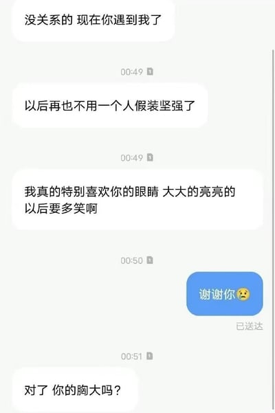 一张聊天记录截图，展示了一段先温情后低俗的对话。上方消息显示发送者先发送了多条安慰话语："没关系的 现在你遇到我了"、"以后再也不用一个人假装坚强了"、"我真的特别喜欢你的眼睛 大大的亮亮的 以后要多笑啊"。接收者回复"谢谢你 😔"后，发送者突然转变话题问"对了 你的胸大吗?"，形成强烈的语气和内容反差。